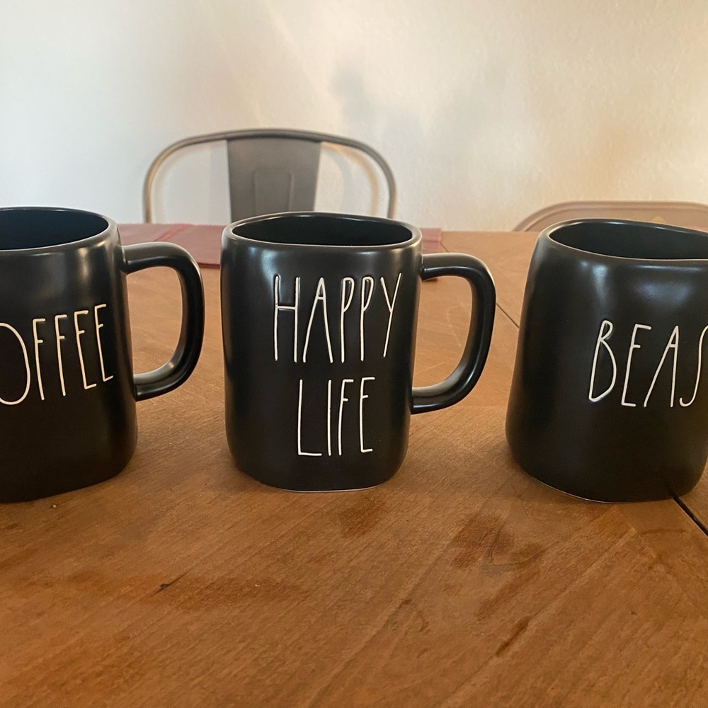 Rae Dunn black mugs;  coffee, happy life, beast